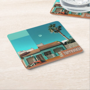 Torrevieja in Orange and Turqoise Square Paper Coaster