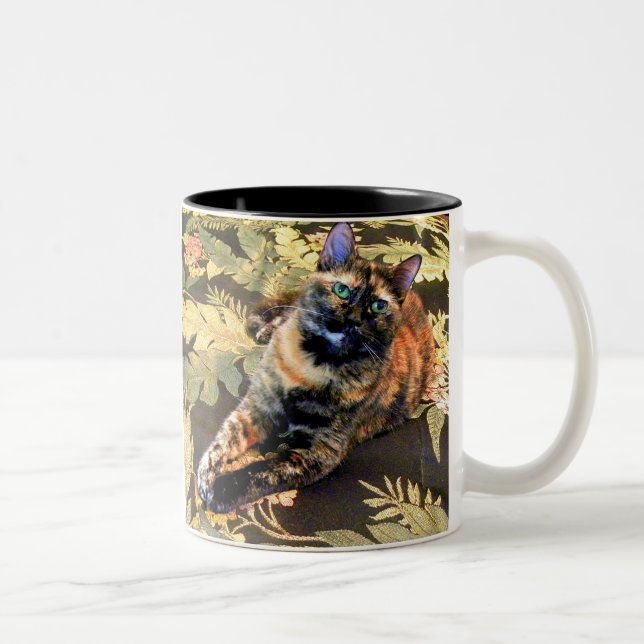 Tortie Cat With Green Eyes Two-Tone Coffee Mug (Right)