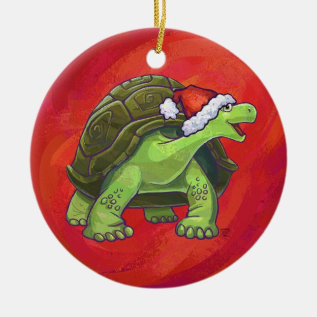 Tortoise Christmas On Red Ceramic Tree Decoration (Front)