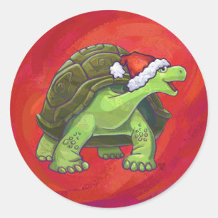 Tortoise Christmas On Red Classic Round Sticker