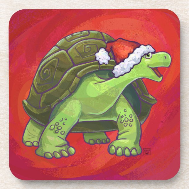 Tortoise Christmas On Red Coaster (Front)