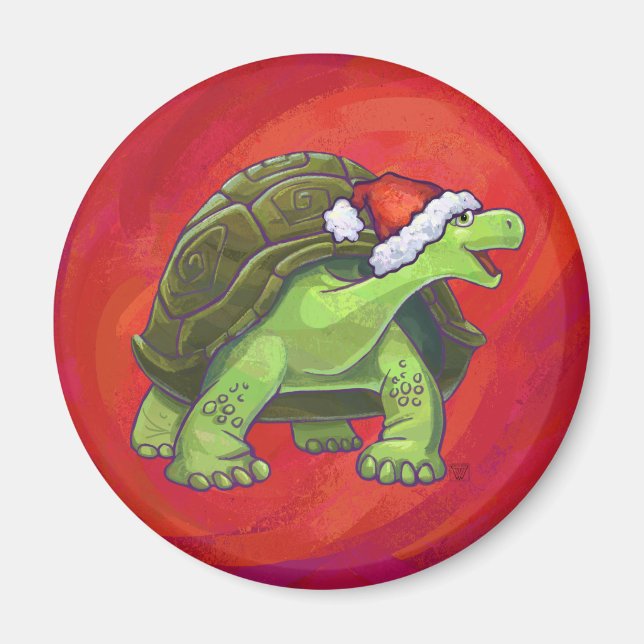 Tortoise Christmas On Red Magnet (Front)