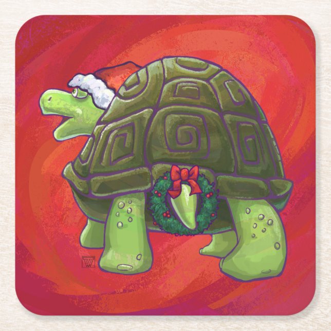 Tortoise Christmas On Red Square Paper Coaster (Front)