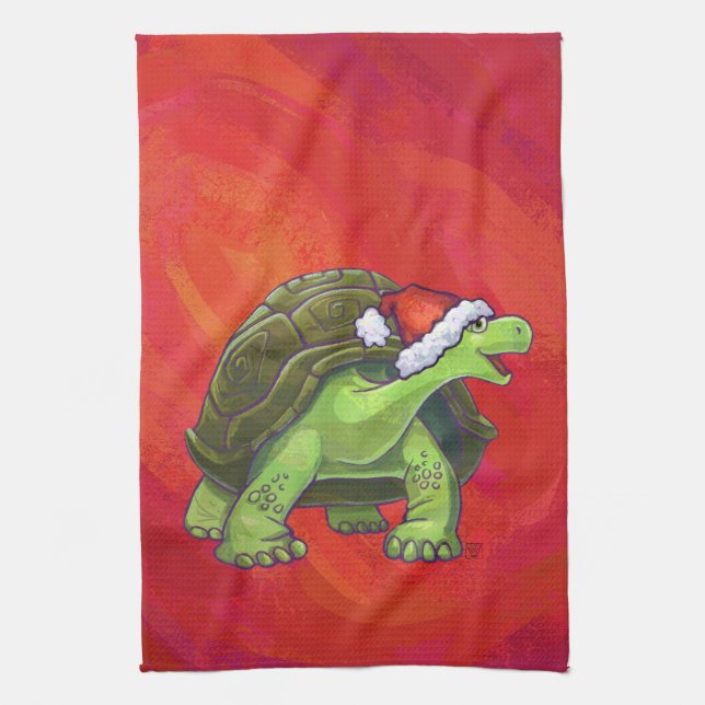 Tortoise Christmas On Red Tea Towel (Vertical)