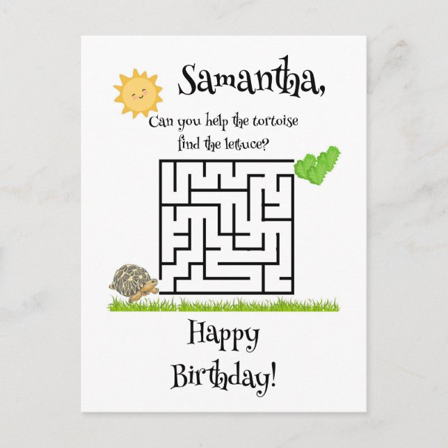 Tortoise find the lettuce, birthday maze postcards (Front)