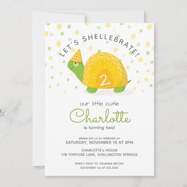 Tortoise, green yellow, kid's birthday invitation (Front)