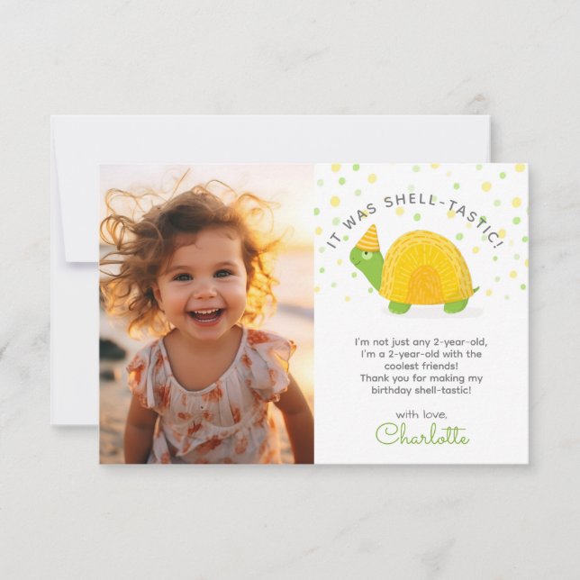 Tortoise, green yellow, kid's birthday photo thank you card (Front)
