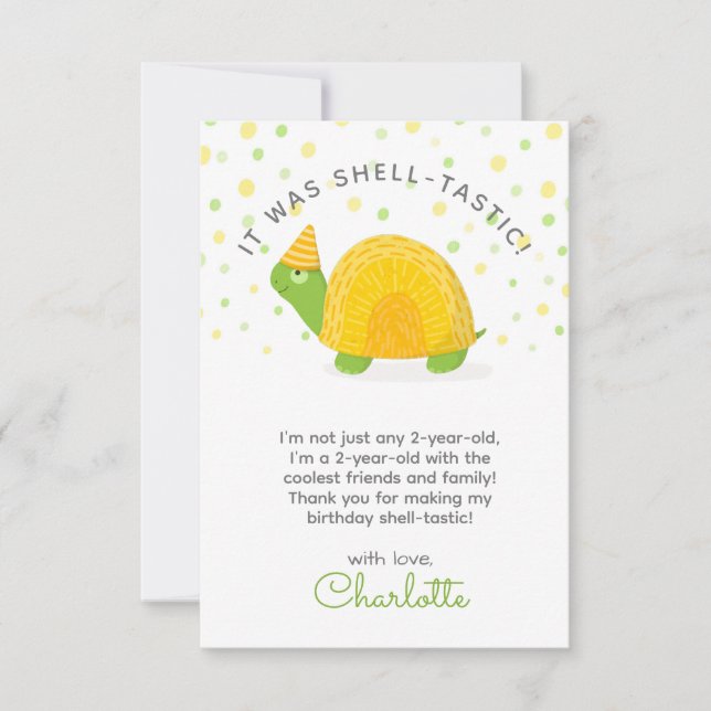 Tortoise, green yellow, kid's birthday thank you card (Front)