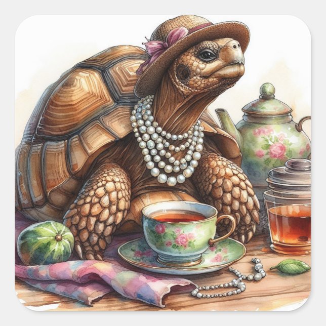 Tortoise Having Tea Square Stickers (Front)