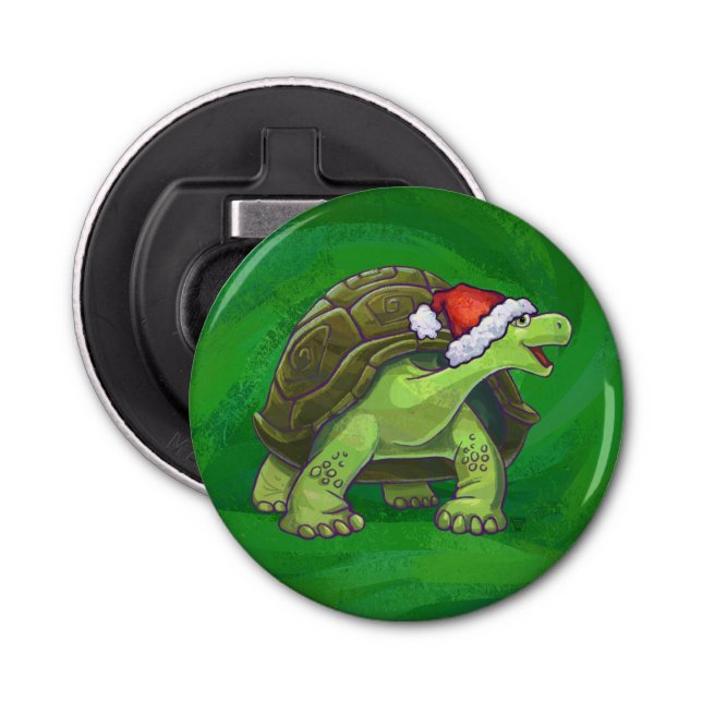 Tortoise in Santa Hat On Green Bottle Opener (Front)