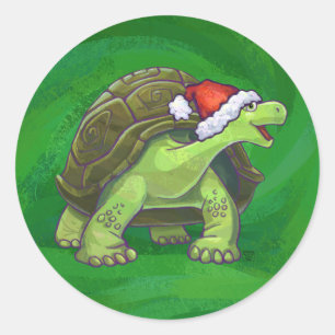 Tortoise in Santa Hat On Green Classic Round Sticker