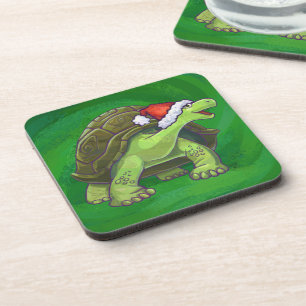 Tortoise in Santa Hat On Green Coaster