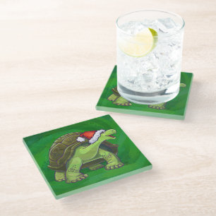 Tortoise in Santa Hat On Green Glass Coaster
