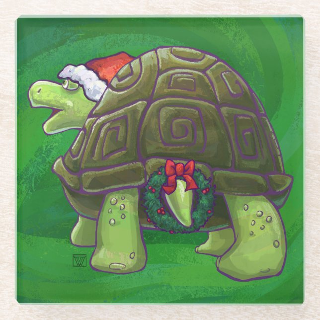 Tortoise in Santa Hat On Green Glass Coaster (Front)