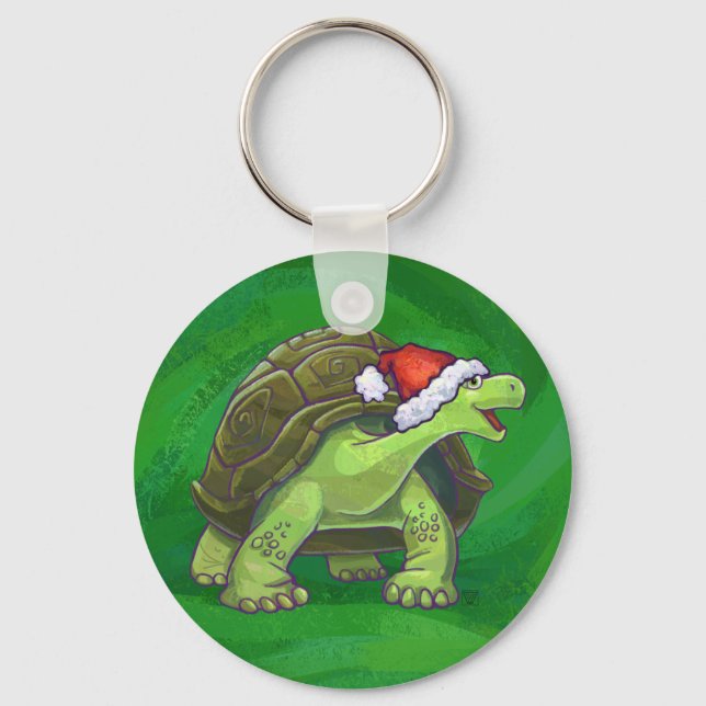Tortoise in Santa Hat On Green Key Ring (Front)