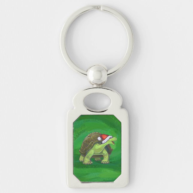 Tortoise in Santa Hat On Green Key Ring (Front)