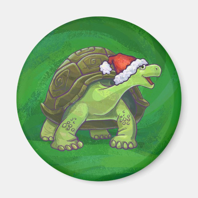 Tortoise in Santa Hat On Green Magnet (Front)