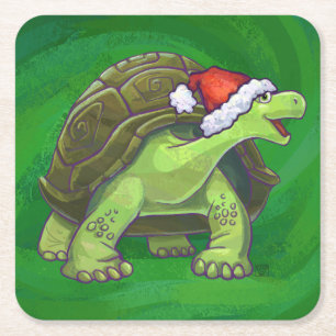 Tortoise in Santa Hat On Green Square Paper Coaster