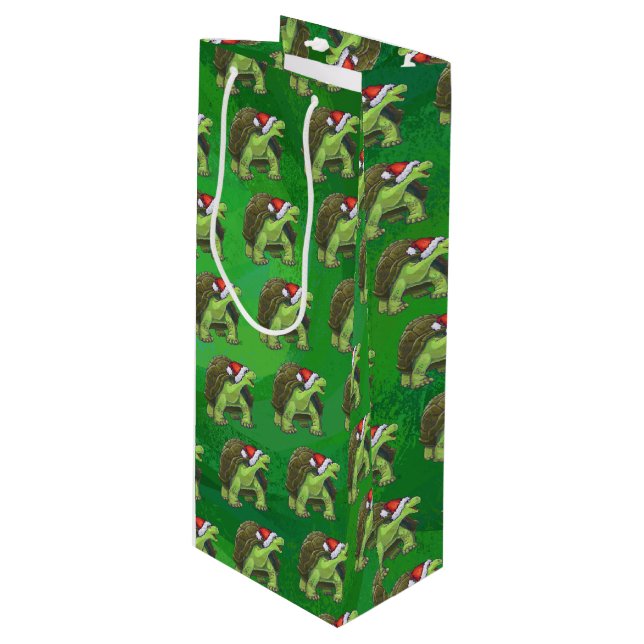 Tortoise in Santa Hat On Green Wine Gift Bag (Front Angled)