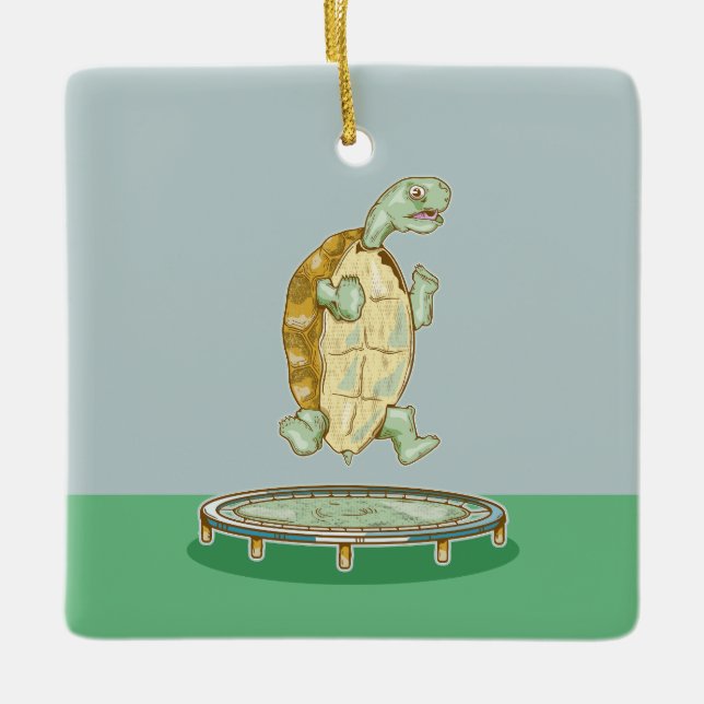 Tortoise on a trampoline ceramic ornament (Front)