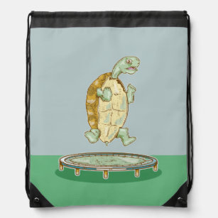 Tortoise on a trampoline drawstring bag