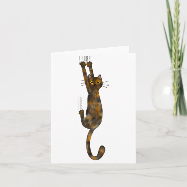 Tortoise Shell Cat Hanging On Funny Tortie Cat  Card (Front)