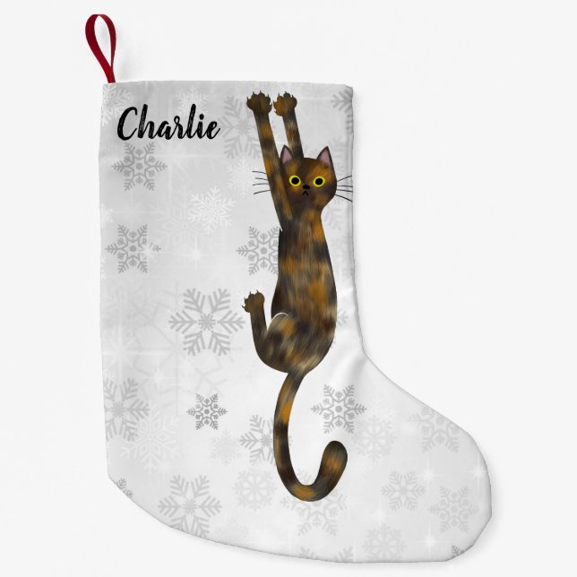 Tortoise Shell Cat Hanging On Tortie Cat Christmas Small Christmas Stocking (Front)