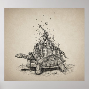 Tortoise Town - pen and ink illustration Poster