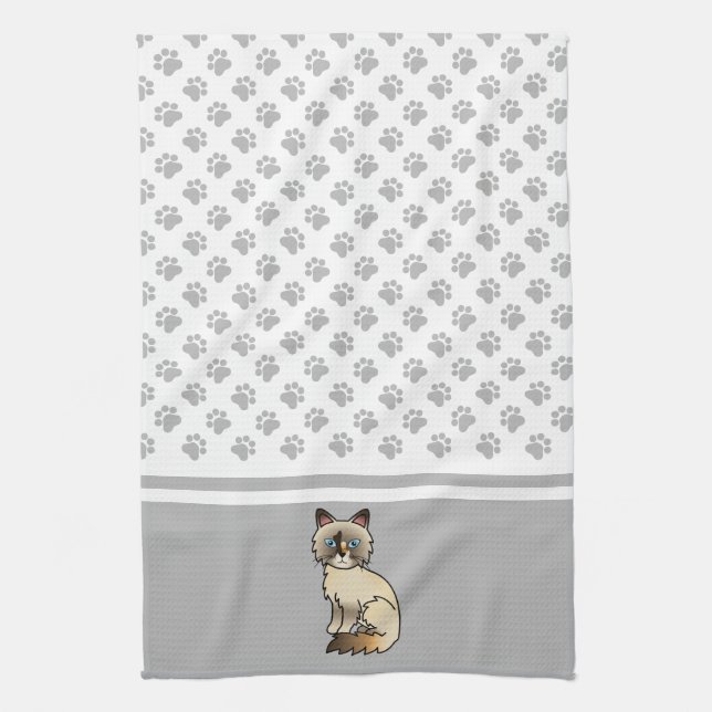 Tortoiseshell Birman / Ragdoll Cute Cat & Paws Tea Towel (Vertical)