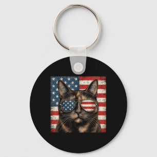 Tortoiseshell Cat 4th Of July Aamerican Flag Key Ring