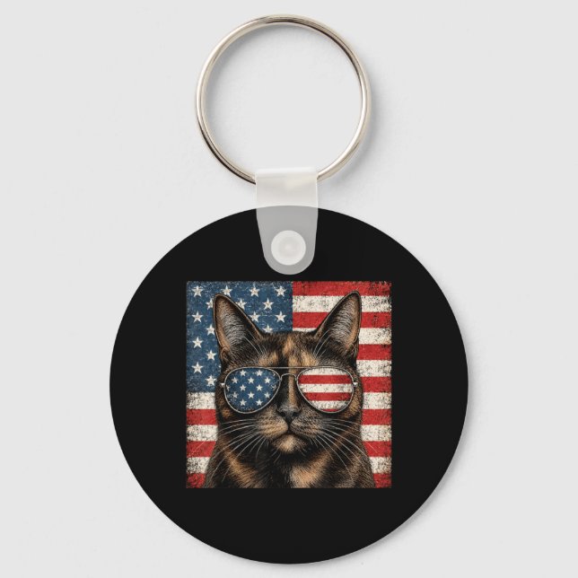 Tortoiseshell Cat 4th Of July Aamerican Flag Key Ring (Front)