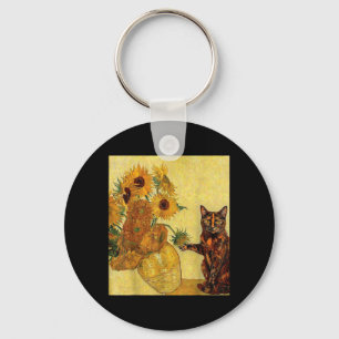 Tortoiseshell Cat Sunflowers Van Gogh Art Parody Key Ring