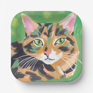 Tortoiseshell Cat Watercolor Painting Paper Plate