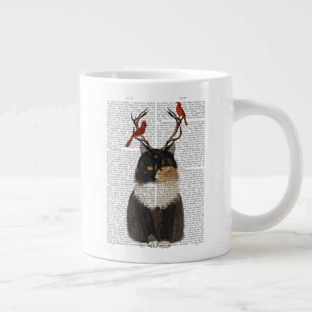 Tortoiseshell Cat with Antlers and Red Birds Large Coffee Mug (Right)