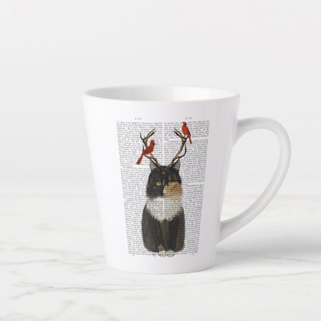 Tortoiseshell Cat with Antlers and Red Birds Latte Mug (Right)