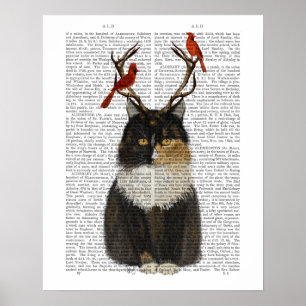 Tortoiseshell Cat with Antlers and Red Birds Poster