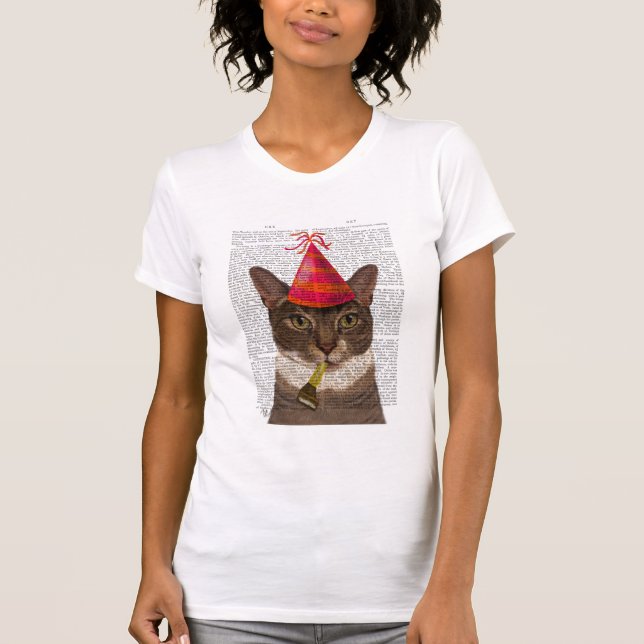 Tortoiseshell Cat with Party Hat T-Shirt (Front)