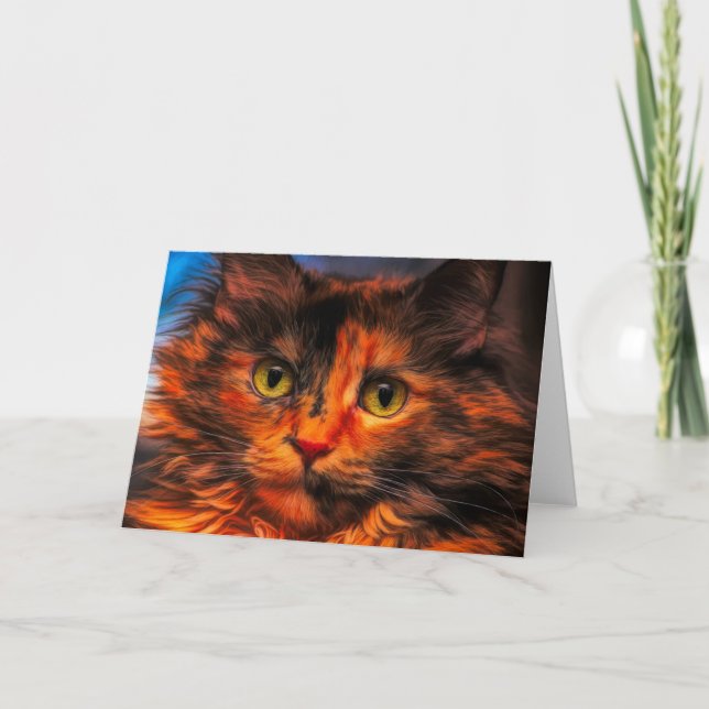 Tortoiseshell Fluffy Cat Digital Oil Painting Card (Front)