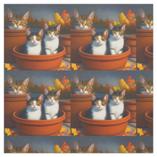 Tortoiseshell Kitty Cats In Pots, Fabric