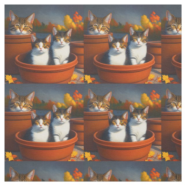 Tortoiseshell Kitty Cats In Pots, Fabric (Swatch)