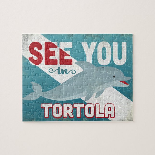 Tortola Dolphin - Retro Vintage Travel Jigsaw Puzzle (Horizontal)