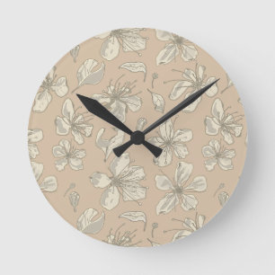 Tossed Blossoms on Light beige - seamless pattern Round Clock