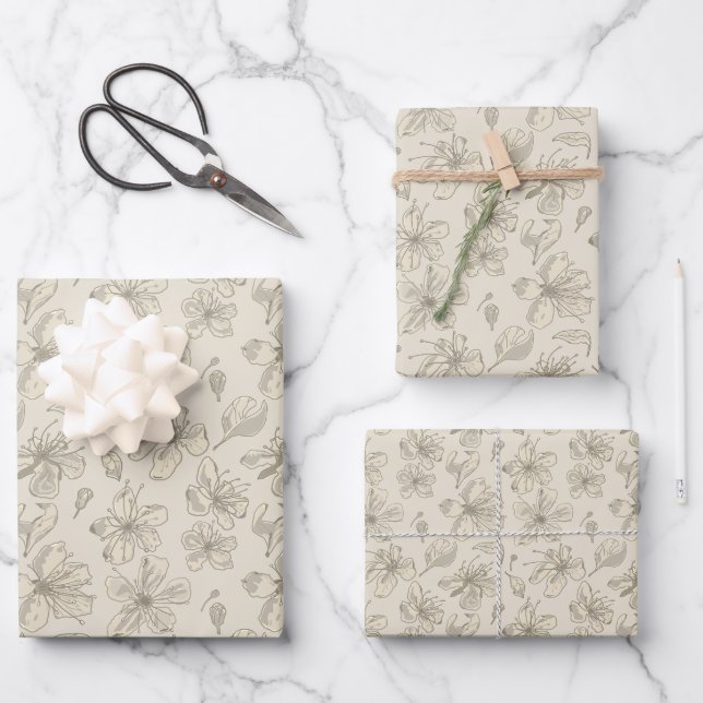 Tossed Blossoms on Light Sand - seamless pattern.  Wrapping Paper Sheet (Front)
