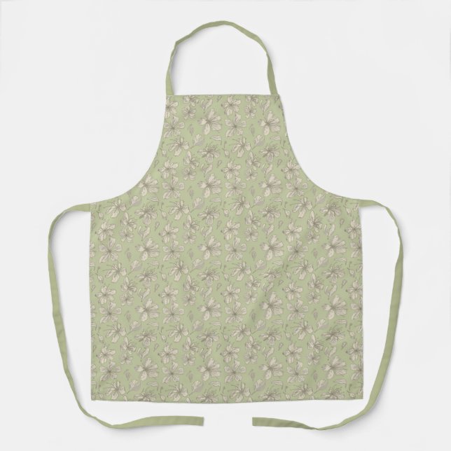 Tossed Blossoms on Olive Green - seamless pattern. Apron (Front)
