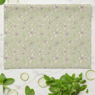 Tossed Blossoms on Olive Green - seamless pattern. Tea Towel