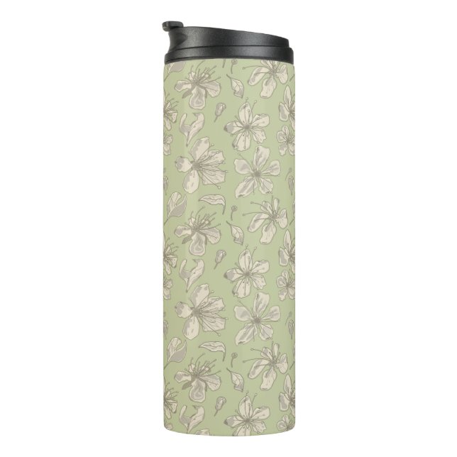 Tossed Blossoms on Olive Green - seamless pattern. Thermal Tumbler (Rotated Right)