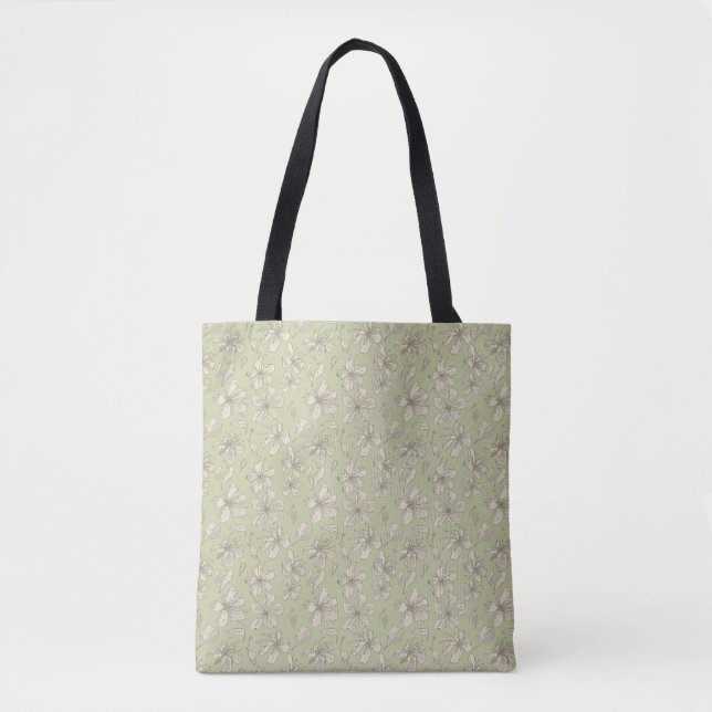 Tossed Blossoms on Olive Green - seamless pattern. Tote Bag (Front)