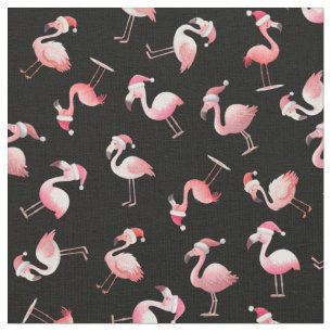 Tossed Christmas Flamingos on Black Fabric