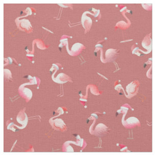 Tossed Christmas Flamingos on Faded Red Fabric