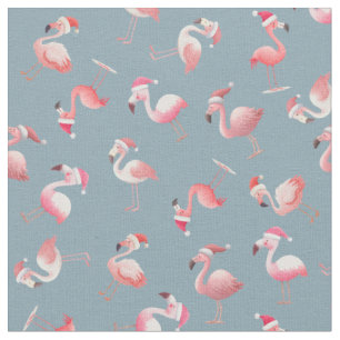 Tossed Christmas Flamingos on Light Gray-Blue Fabric